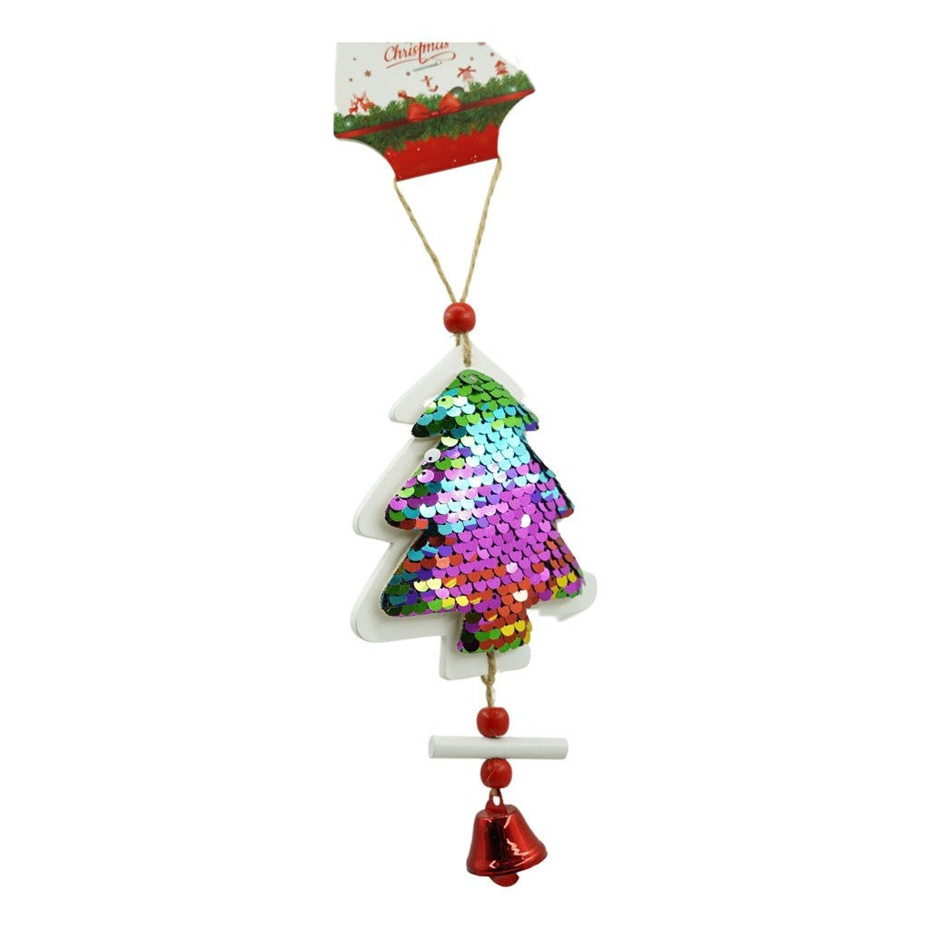 Ornament de brad pom de craciun din paiete, multicolor, lemn, 18 cm