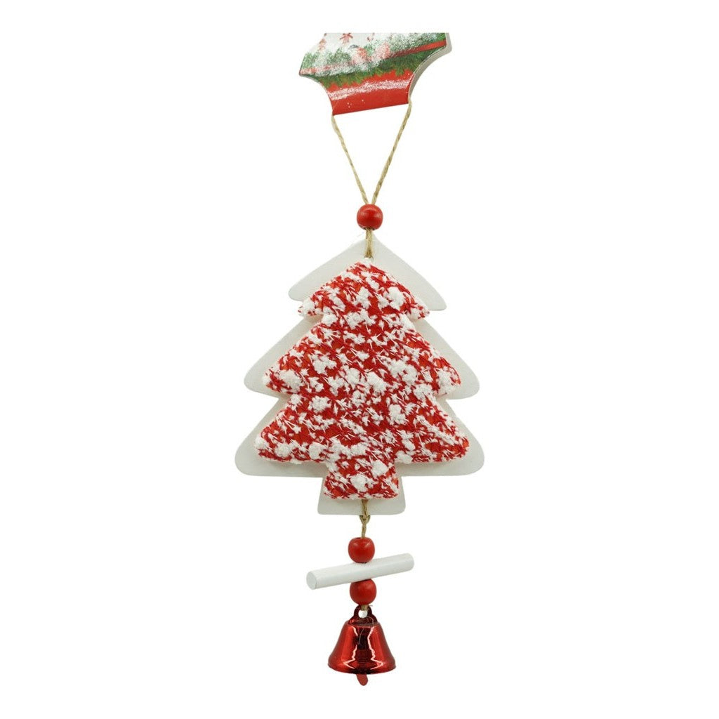 Ornament de brad pom de craciun din tweed, alb/rosu, lemn, 18 cm