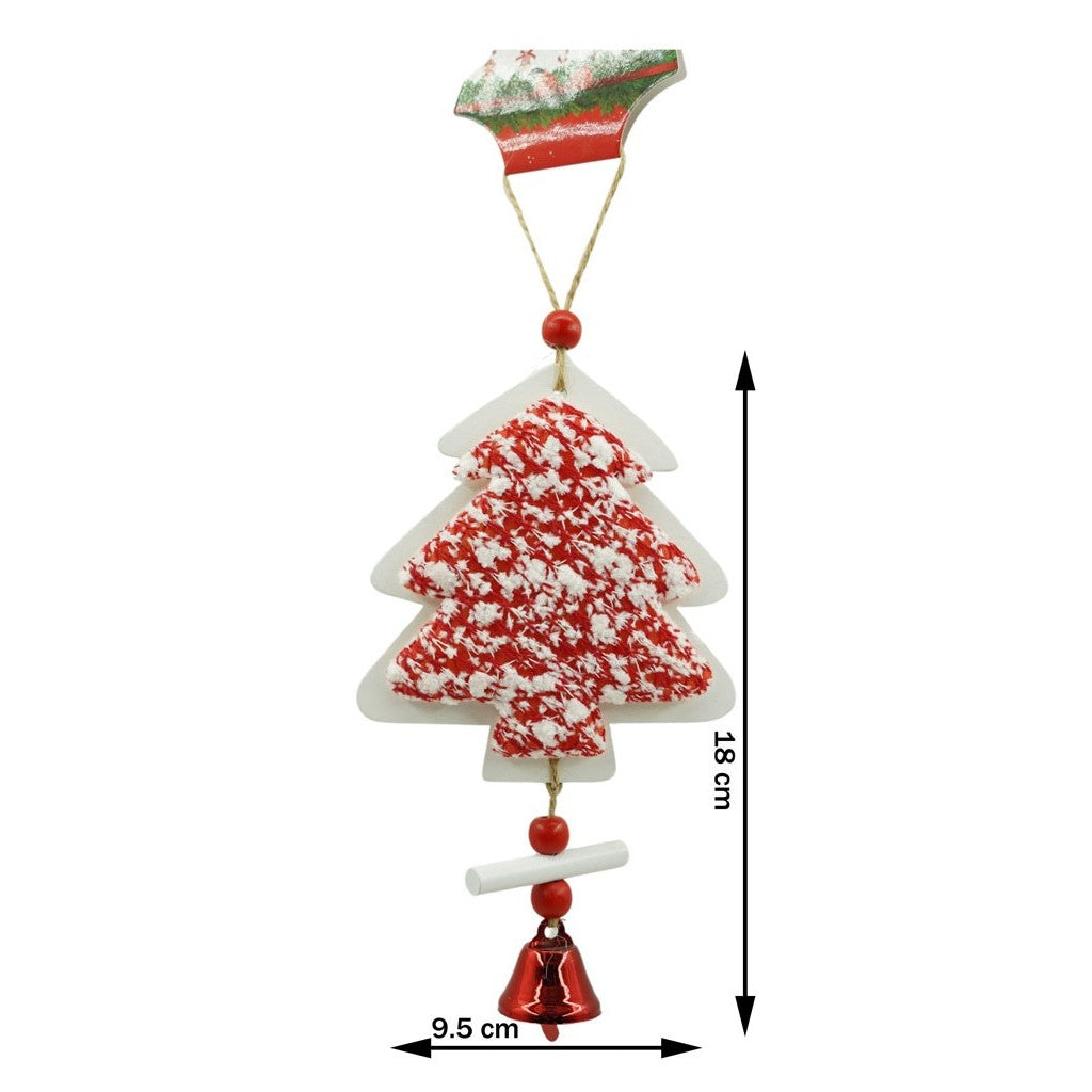 Ornament de brad pom de craciun din tweed, alb/rosu, lemn, 18 cm