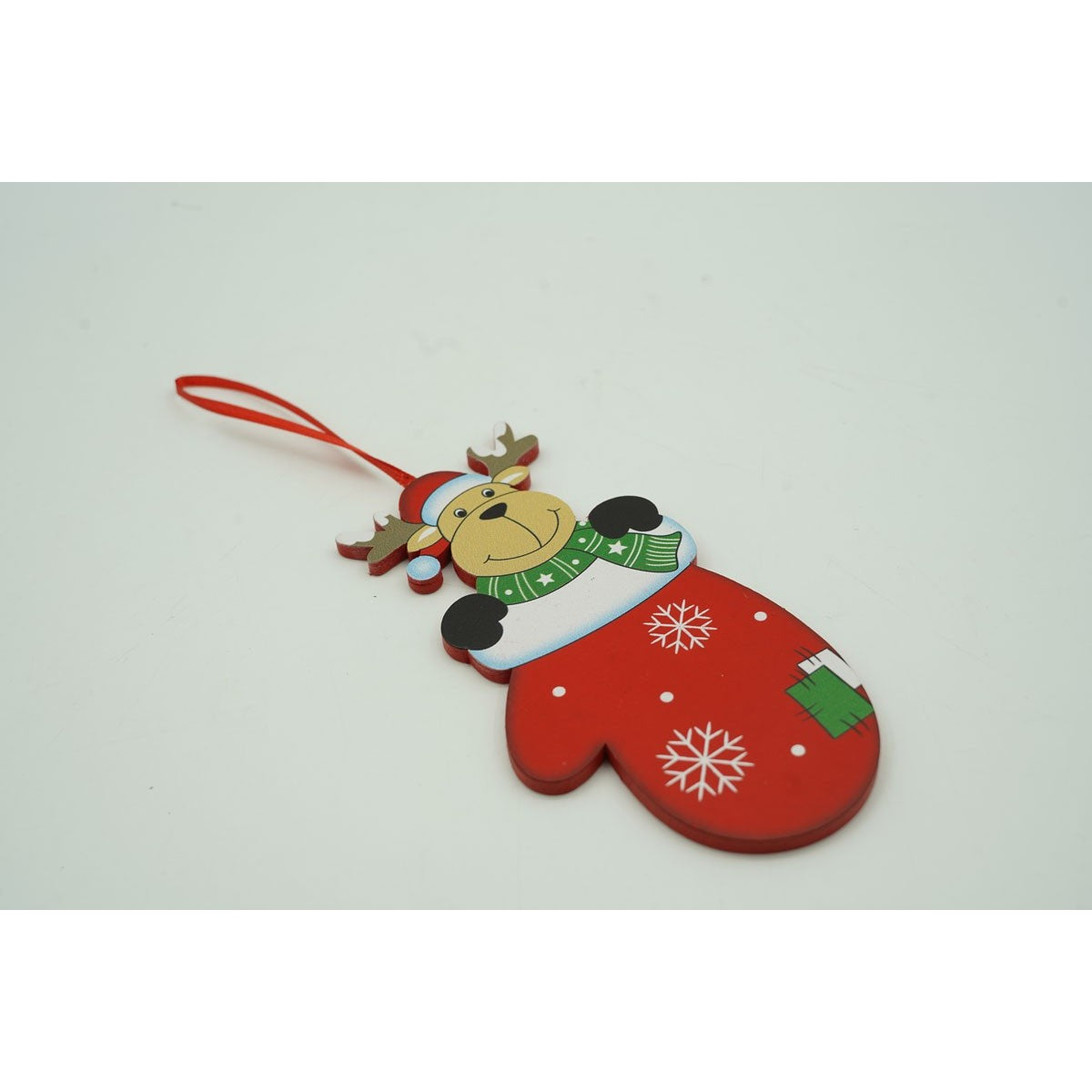 Ornament de brad ren in manusa, rosu, lemn, 14 cm