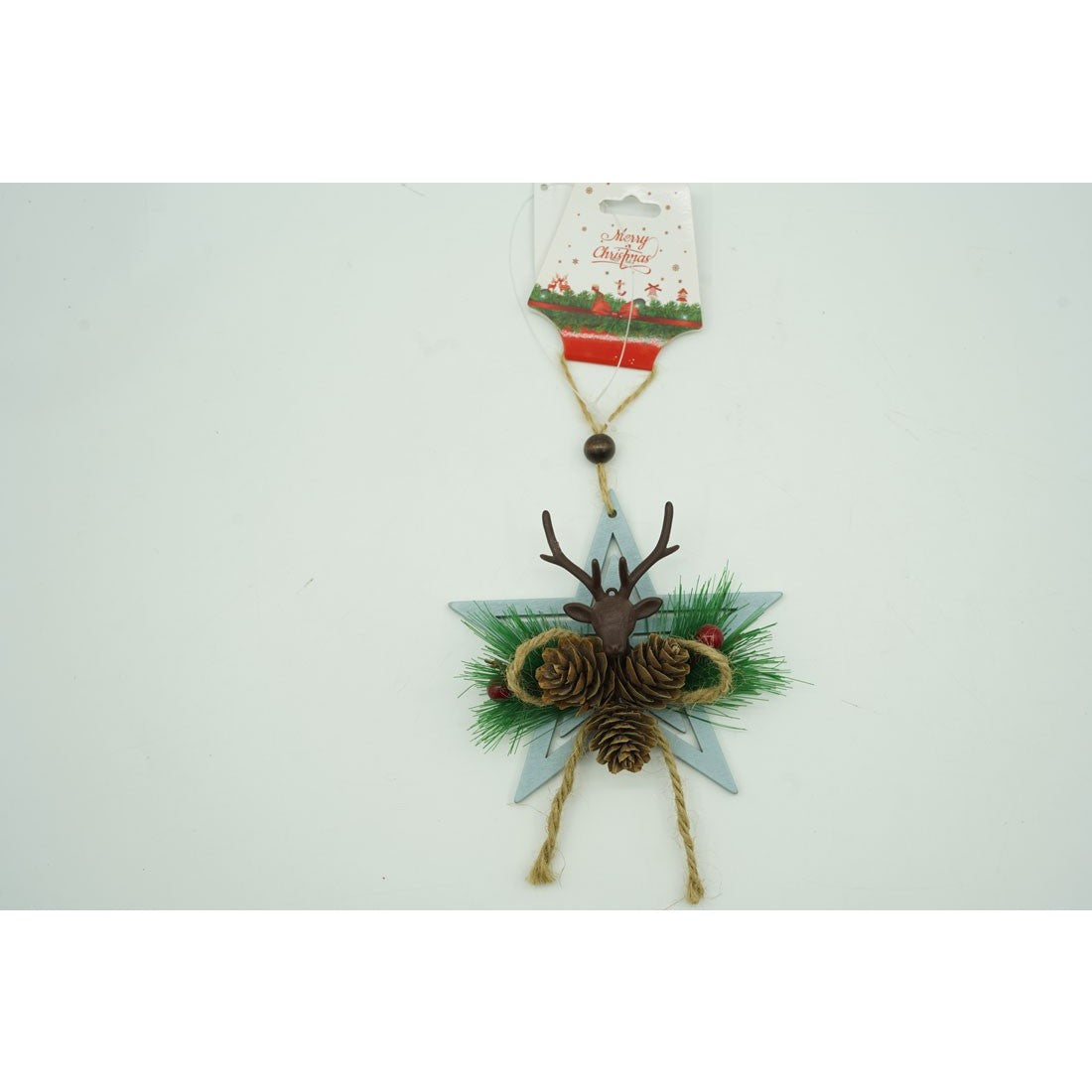 Ornament de brad stea cu cerb, multicolor, lemn, 15 cm