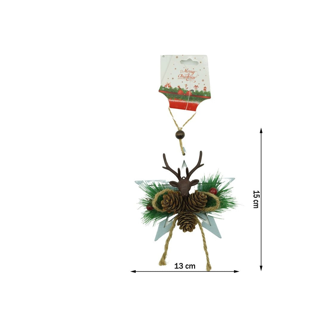 Ornament de brad stea cu cerb, multicolor, lemn, 15 cm
