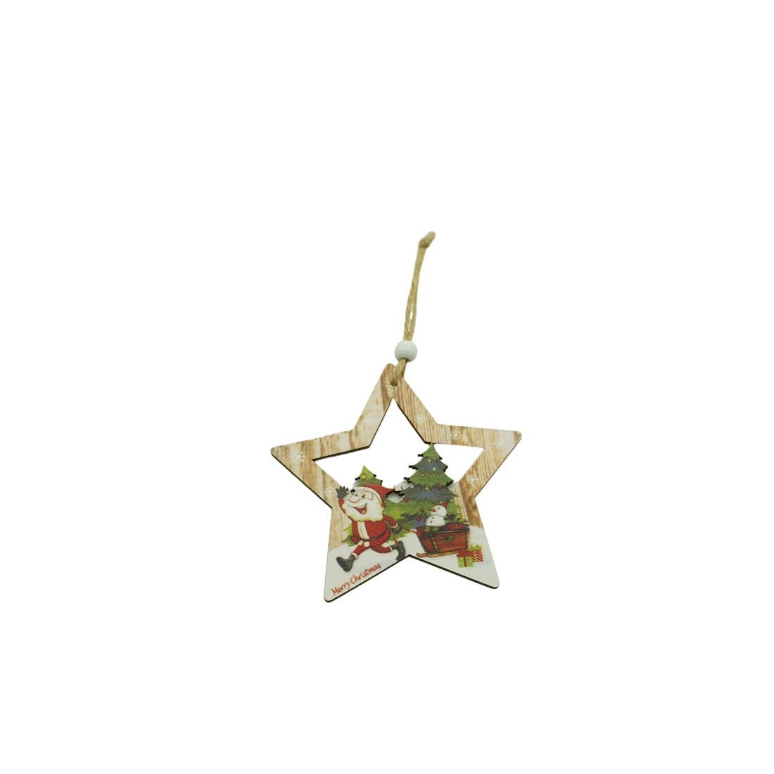 Ornament de brad stea cu Mos Craciun, multicolor, lemn, 9.9 cm