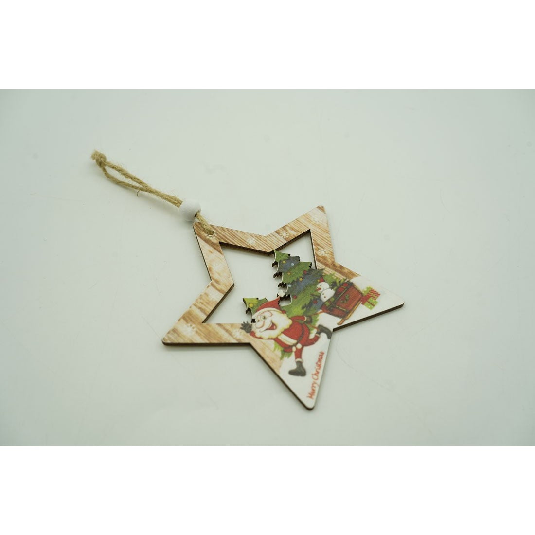 Ornament de brad stea cu Mos Craciun, multicolor, lemn, 9.9 cm