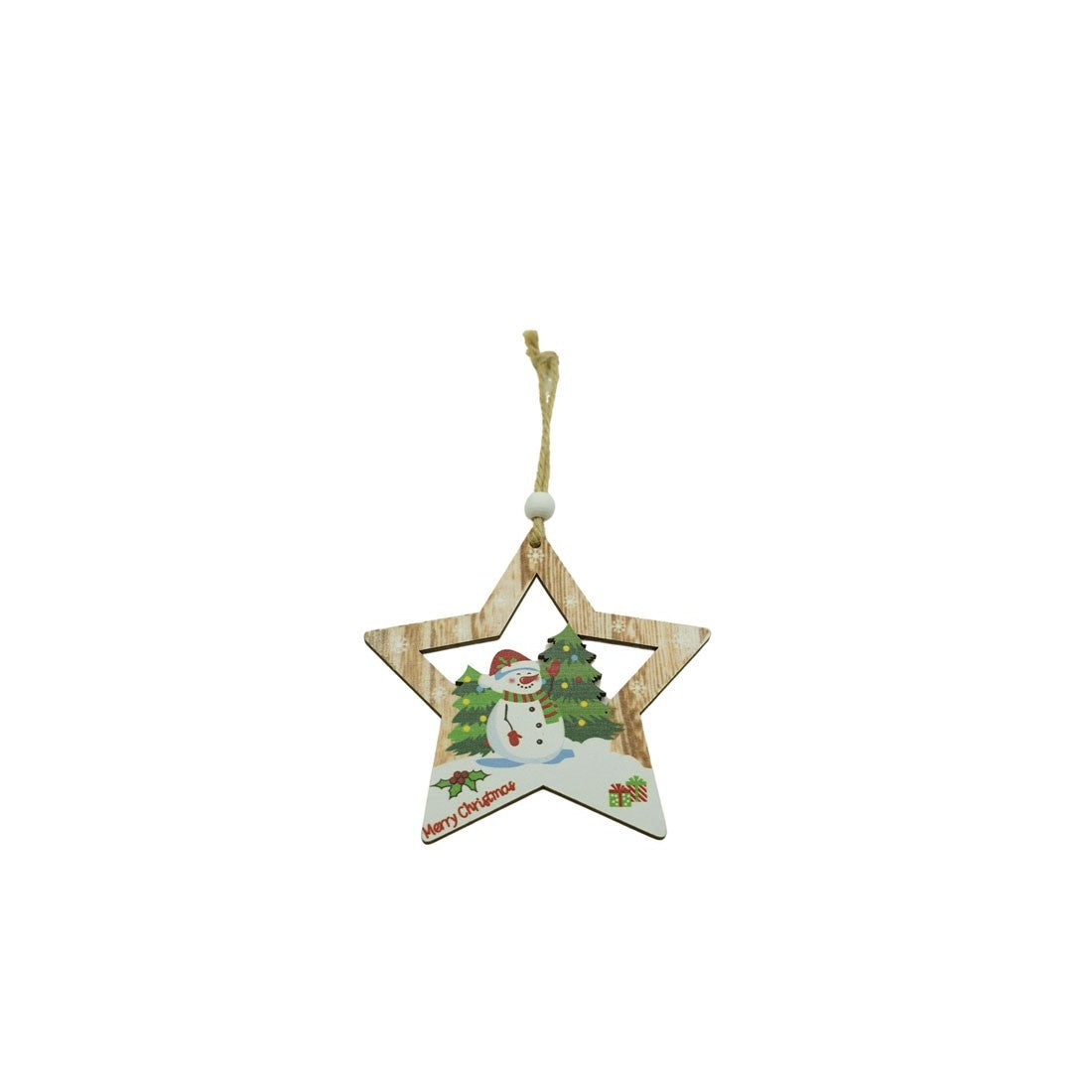 Ornament de brad stea cu om de zapada, multicolor, lemn, 9.9 cm