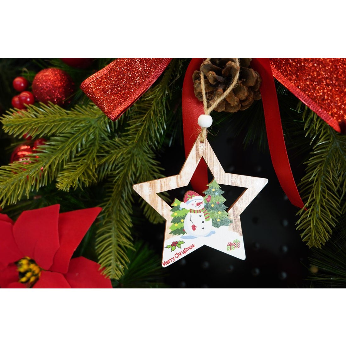 Ornament de brad stea cu om de zapada, multicolor, lemn, 9.9 cm