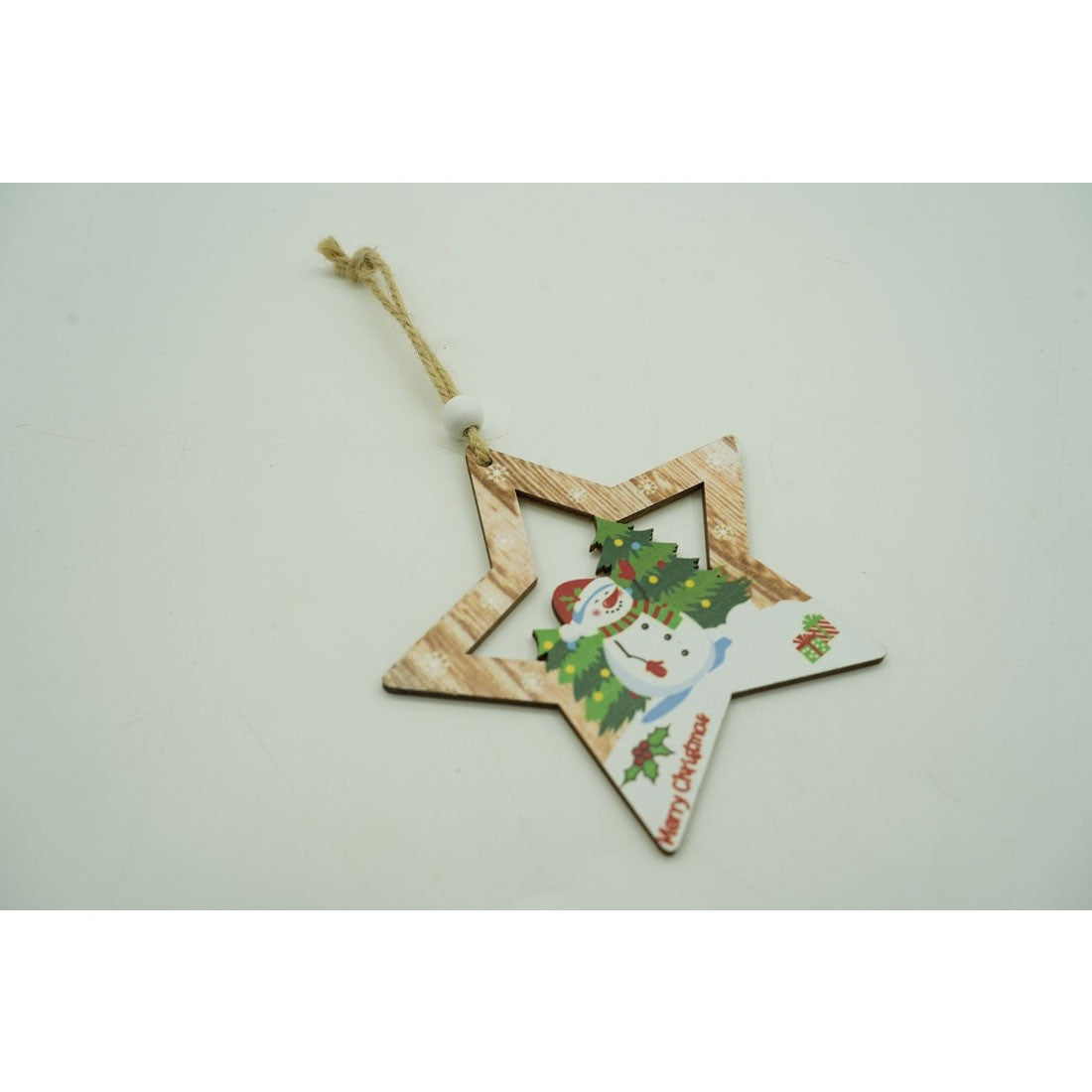 Ornament de brad stea cu om de zapada, multicolor, lemn, 9.9 cm