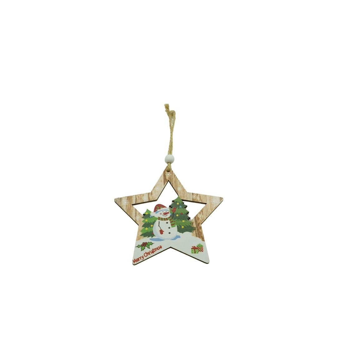 Ornament de brad stea cu om de zapada, multicolor, lemn, 9.9 cm