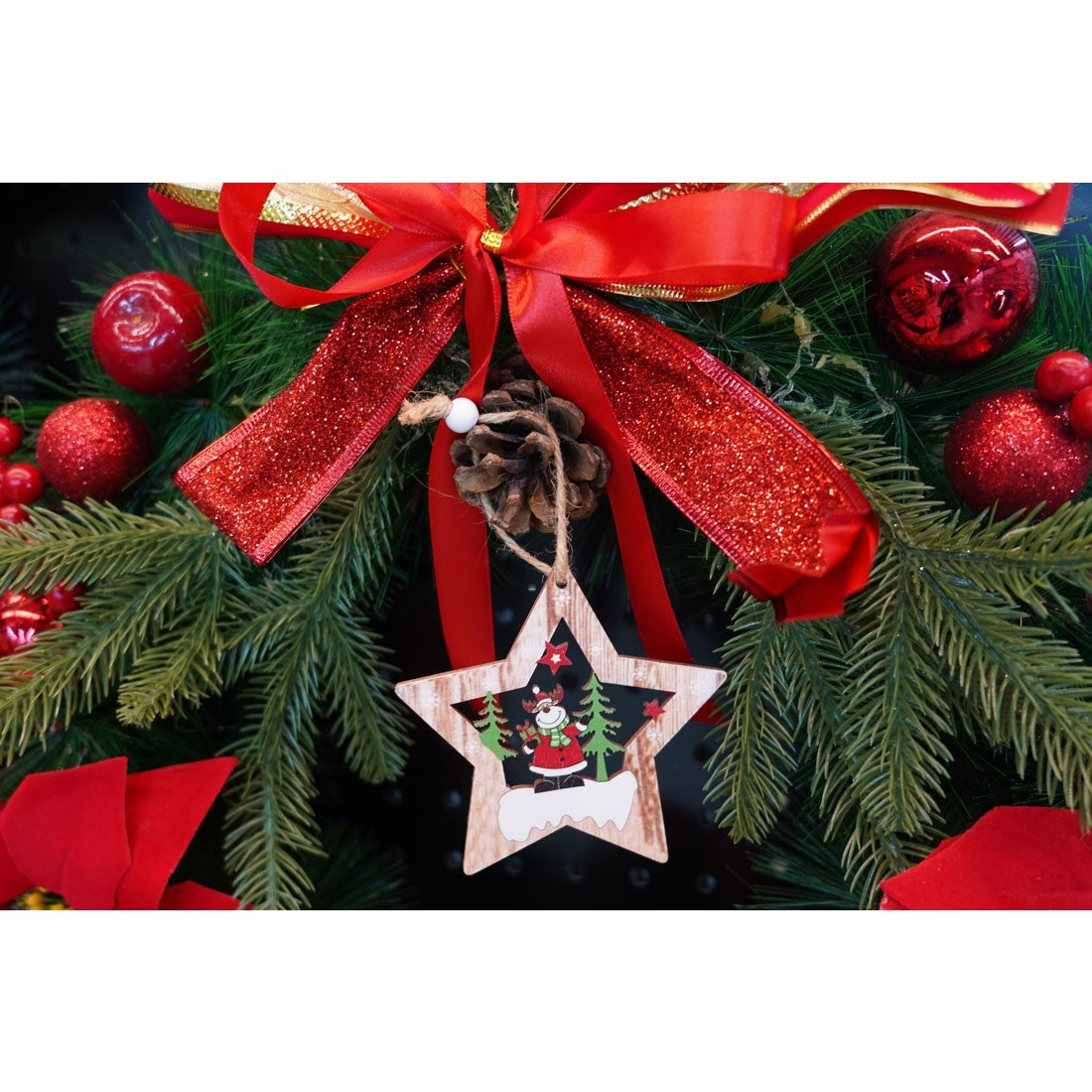 Ornament de brad stea cu ren, multicolor, lemn, 9.9 cm