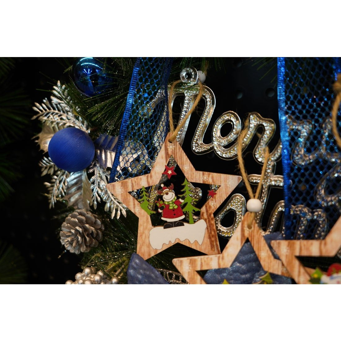 Ornament de brad stea cu ren, multicolor, lemn, 9.9 cm