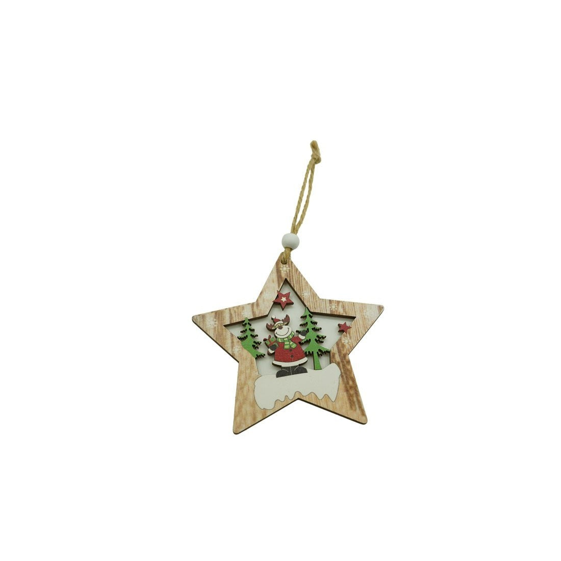 Ornament de brad stea cu ren, multicolor, lemn, 9.9 cm