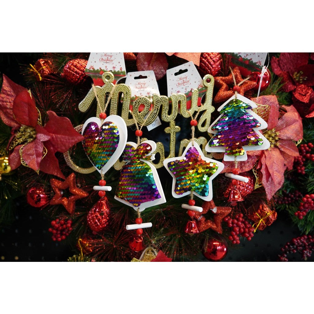 Ornament de brad stea din paiete, multicolor, lemn, 18 cm