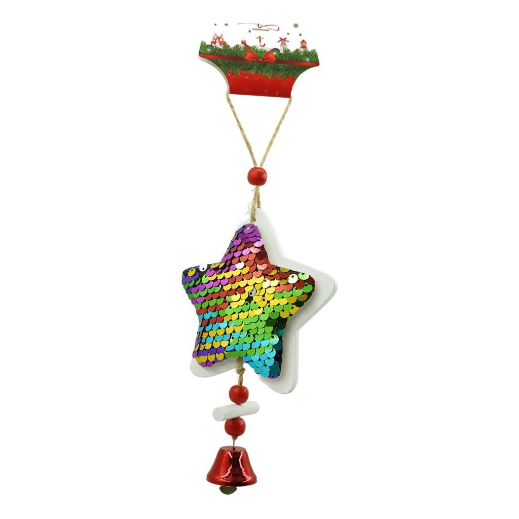 Ornament de brad stea din paiete, multicolor, lemn, 18 cm