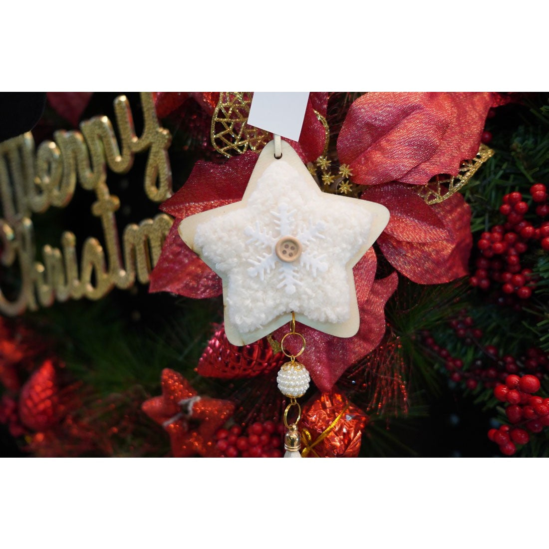 Ornament de brad stea, alb, lemn/textil, 25 cm