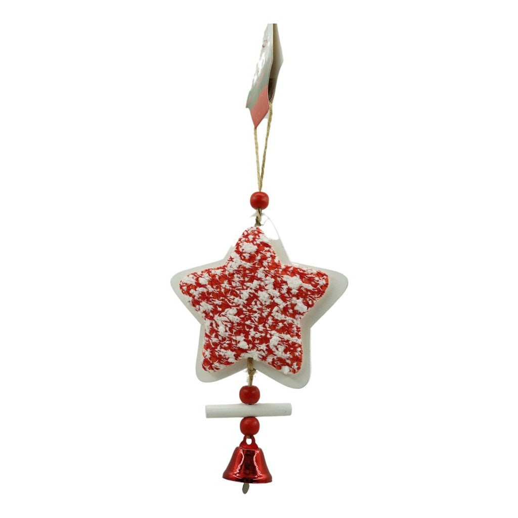 Ornament de brad stea din tweed, alb/rosu, lemn, 18 cm