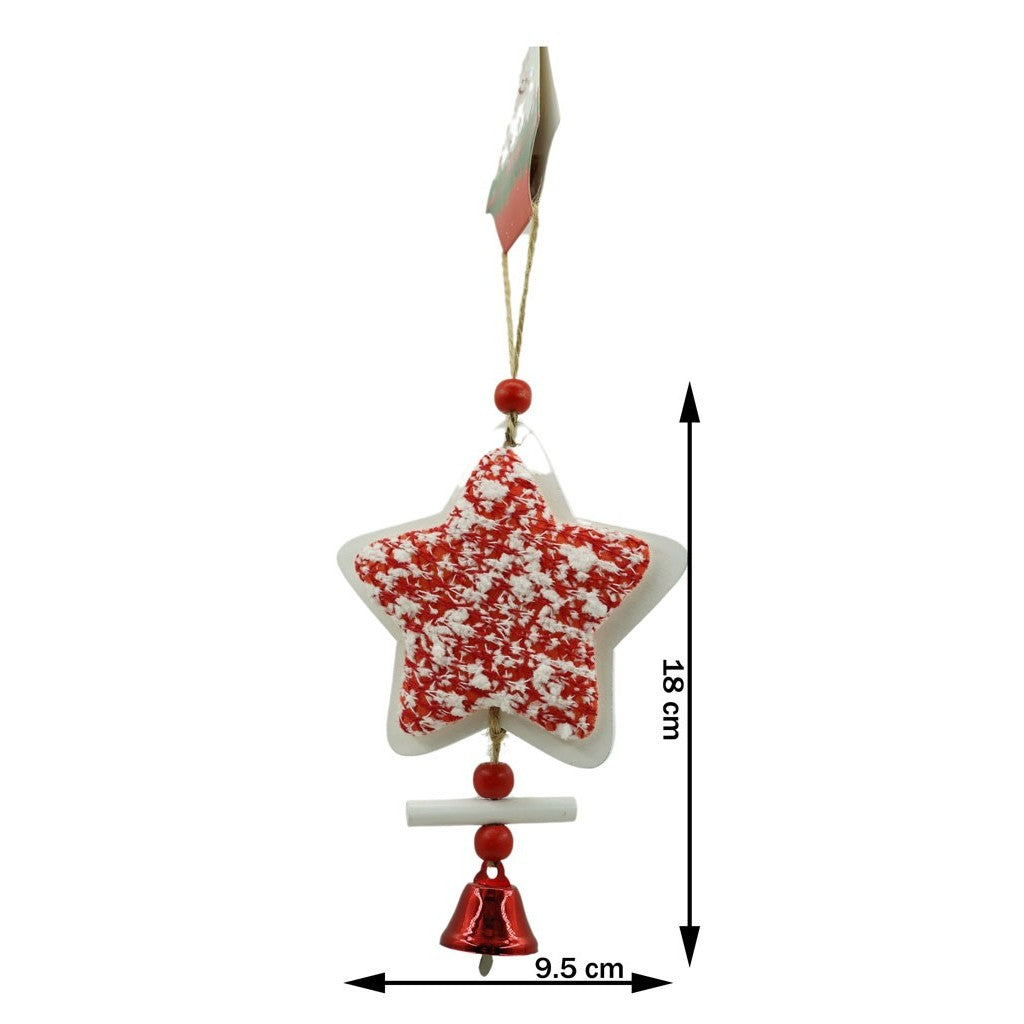 Ornament de brad stea din tweed, alb/rosu, lemn, 18 cm