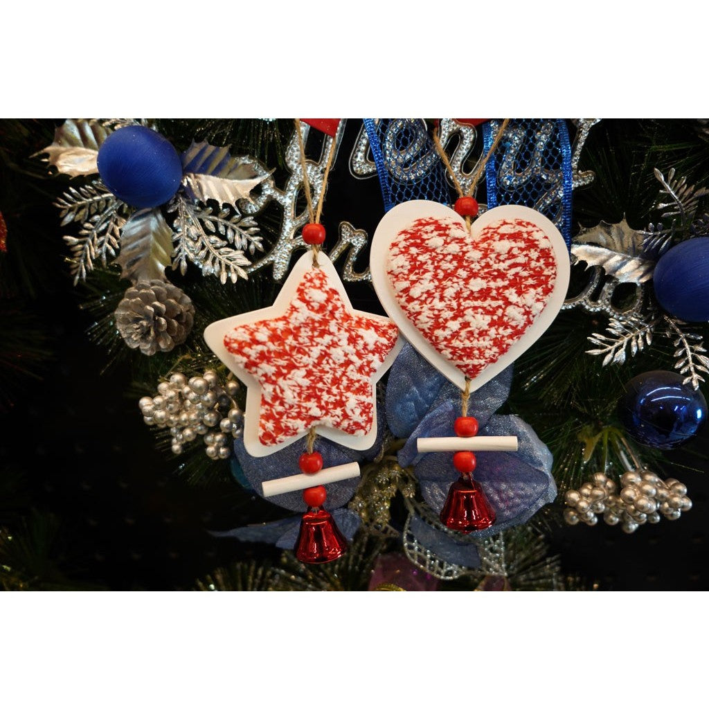 Ornament de brad stea din tweed, alb/rosu, lemn, 18 cm