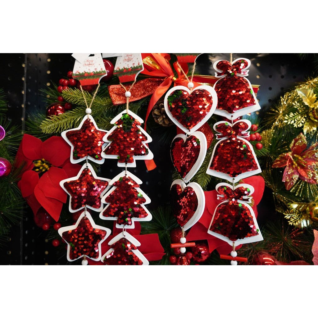 Ornament de brad trei brazi cu paiete, rosu, lemn, 36 cm