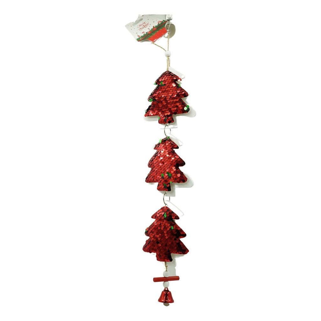 Ornament de brad trei brazi cu paiete, rosu, lemn, 36 cm