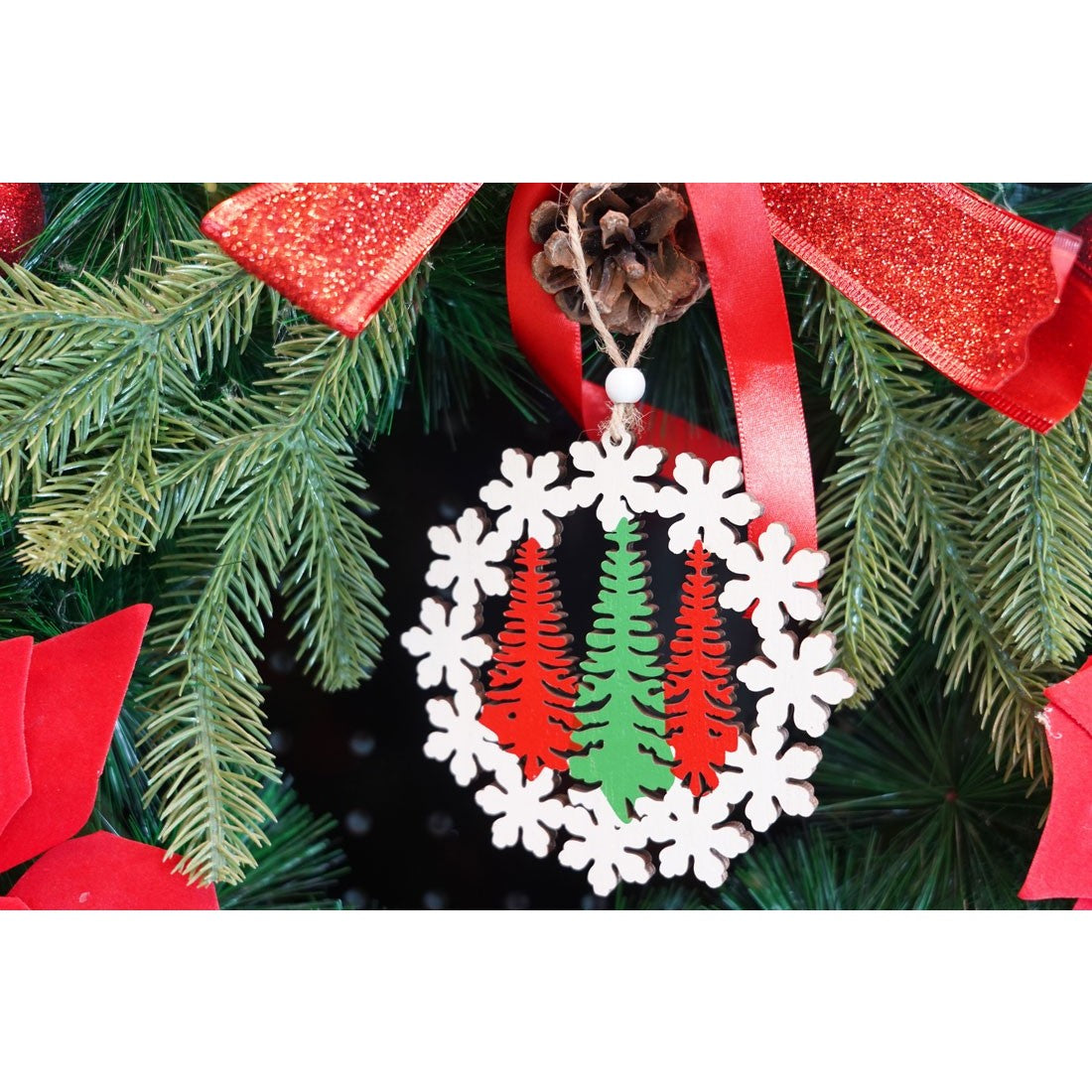 Ornament de brad trei brazi, multicolor, lemn, 12 cm