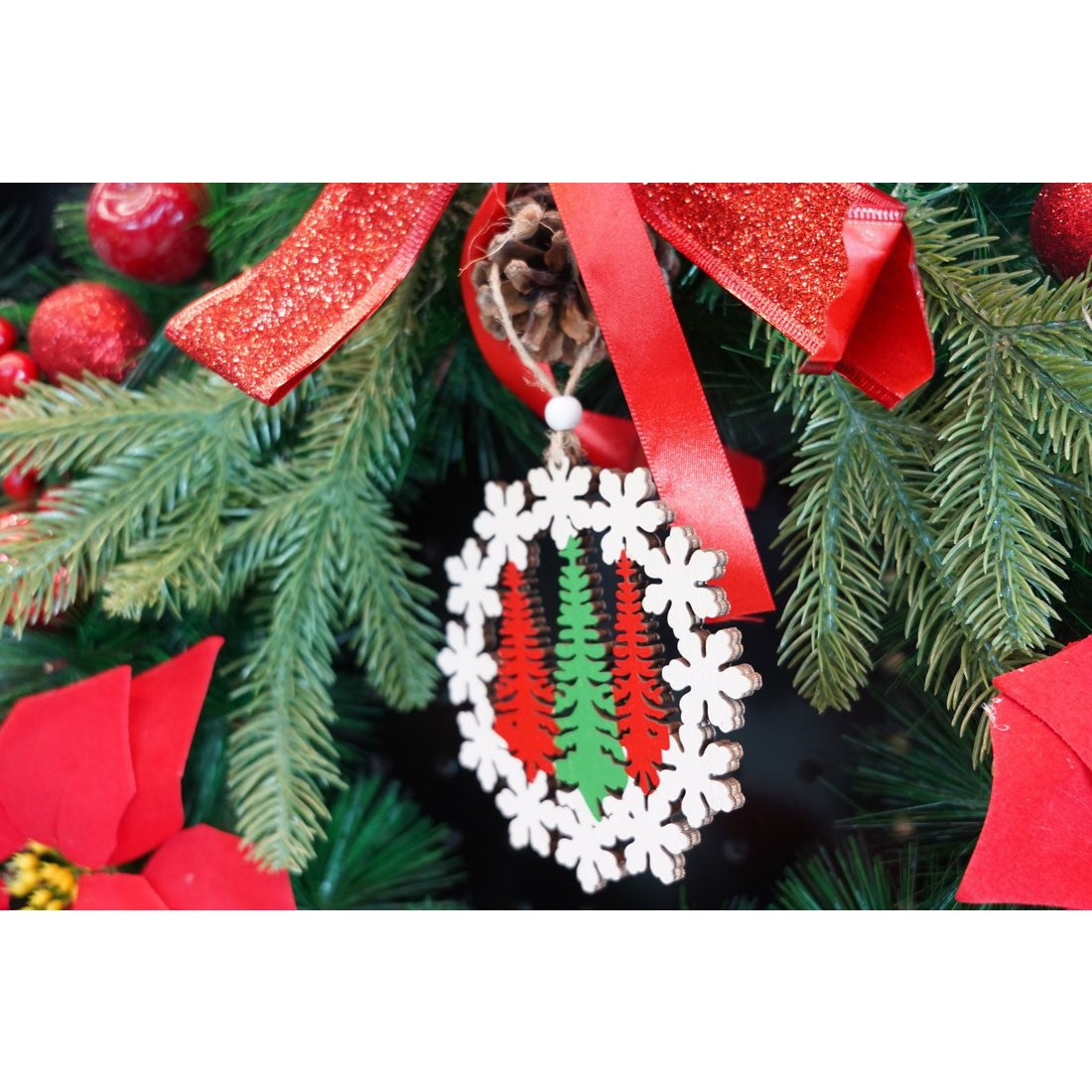Ornament de brad trei brazi, multicolor, lemn, 12 cm