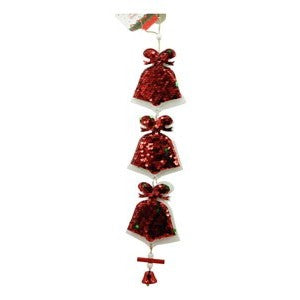 Ornament de brad trei clopotei cu paiete, rosu, lemn, 36 cm