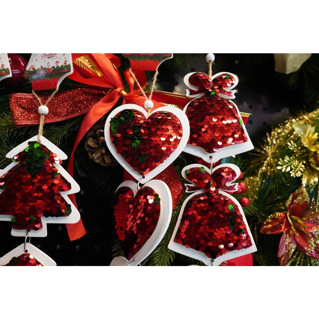 Ornament de brad trei clopotei cu paiete, rosu, lemn, 36 cm