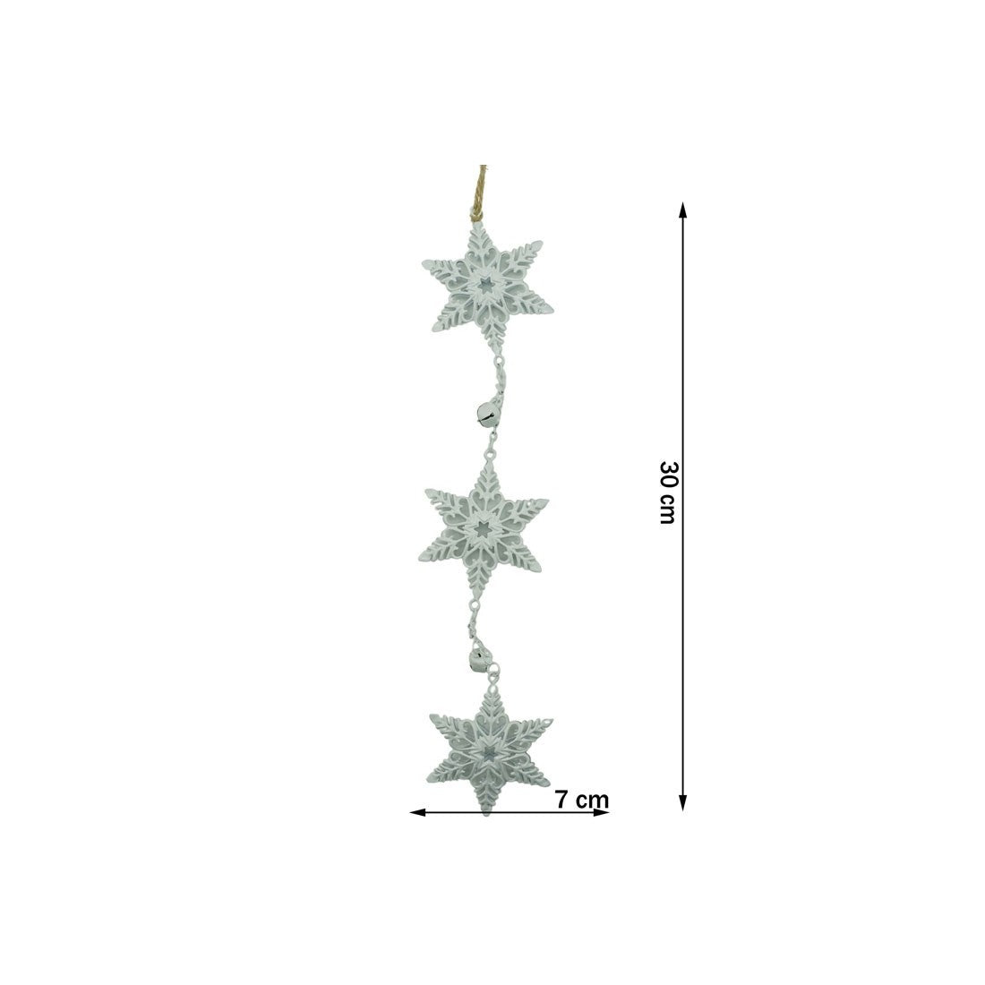 Ornament de brad trei fulgi de nea, alb, metal, 30 cm