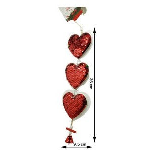 Ornament de brad trei inimi cu paiete, rosu, lemn, 36 cm