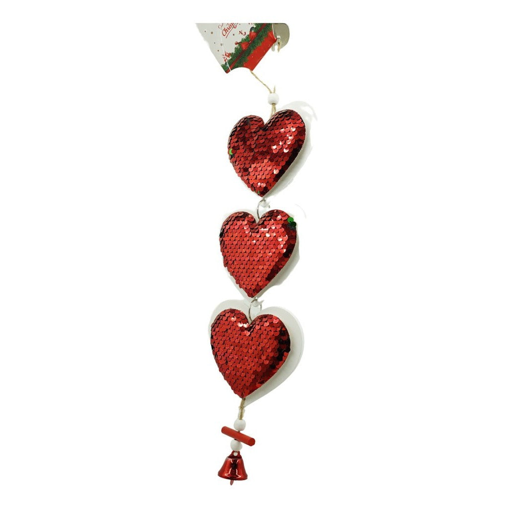 Ornament de brad trei inimi cu paiete, rosu, lemn, 36 cm
