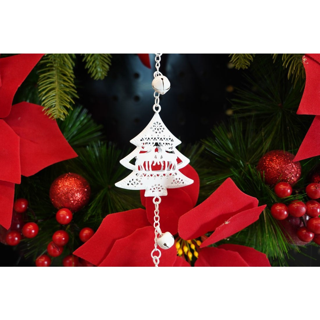 Ornament de brad trei pomi de craciun, alb, metal, 30 cm