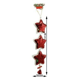 Ornament de brad trei stele cu paiete, rosu, lemn, 36 cm