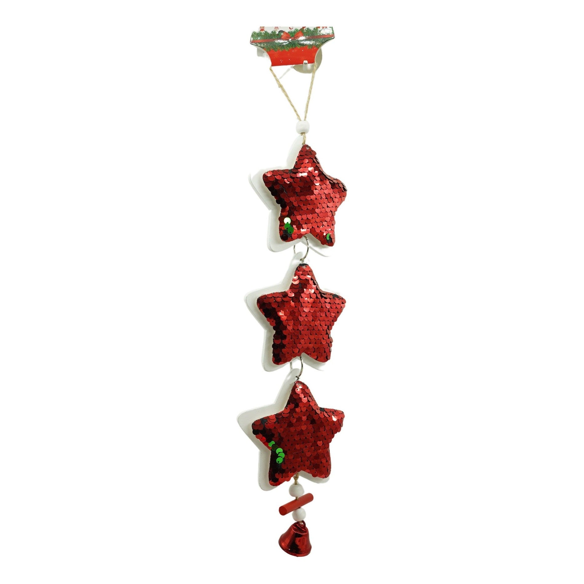 Ornament de brad trei stele cu paiete, rosu, lemn, 36 cm
