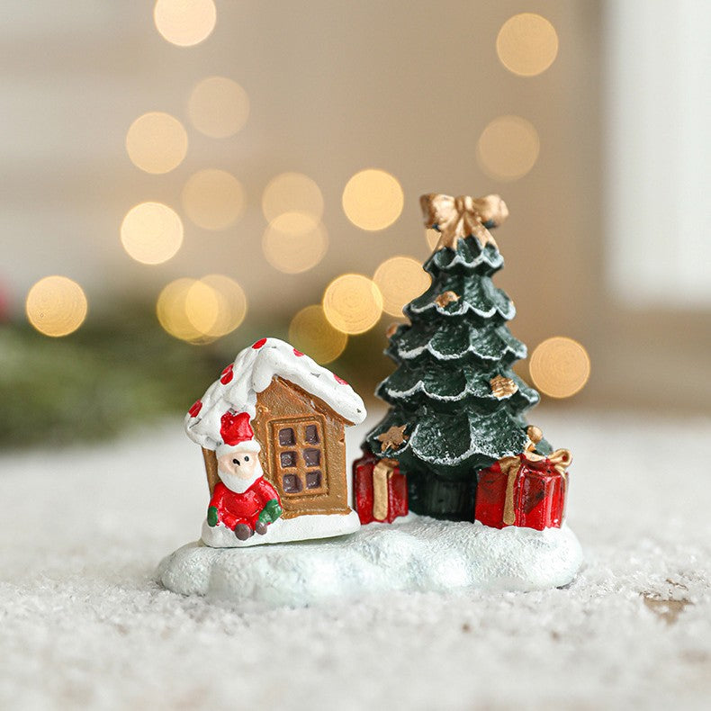 Ornament de Craciun din Rasina pentru Decor, Model Casuta cu Brad, Decoratiune de Birou pentru Craciun, 6.5 x 6.5 x 4 cm, Rosu Verde