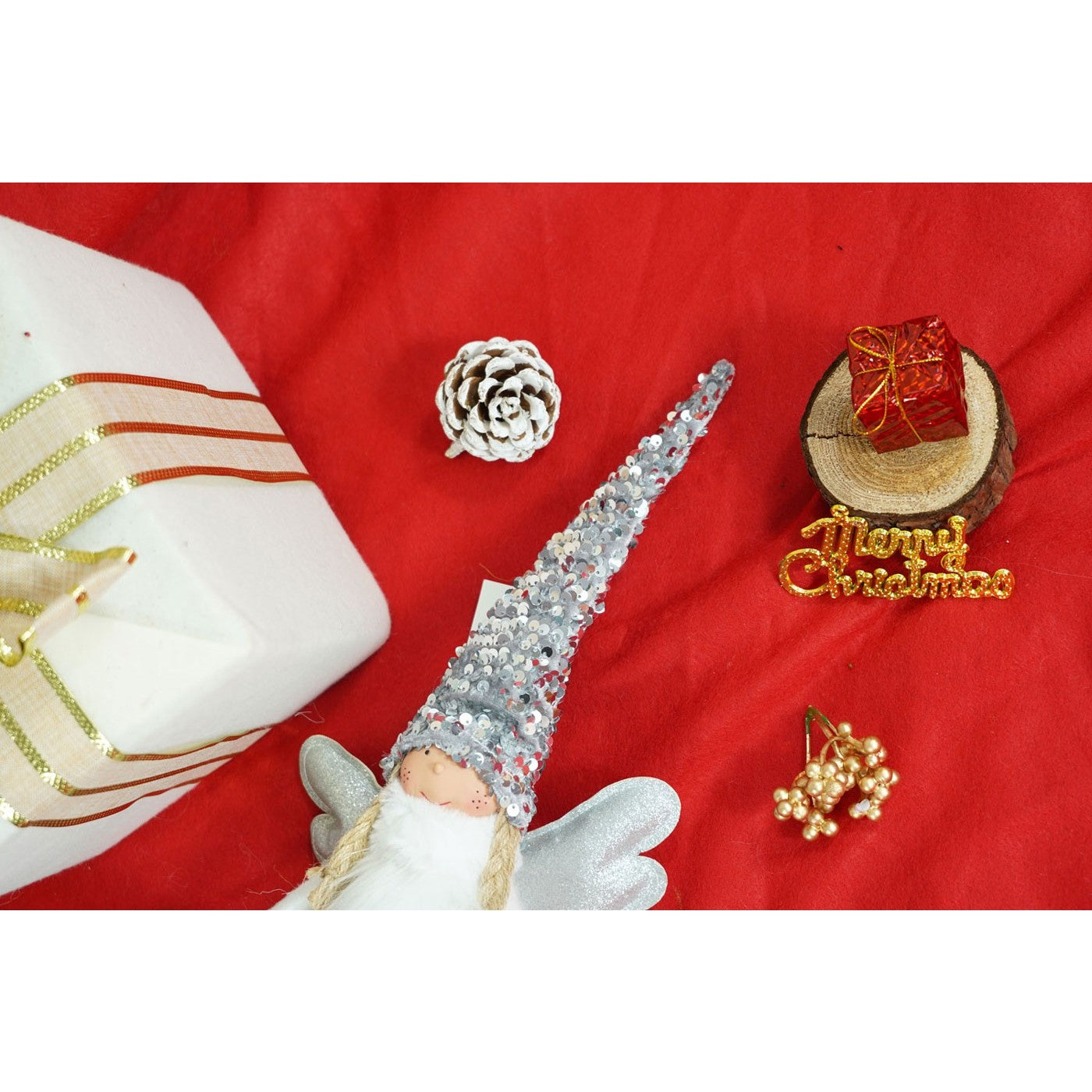 Ornament de Craciun ingeras, alb/gri, textil, 53 cm
