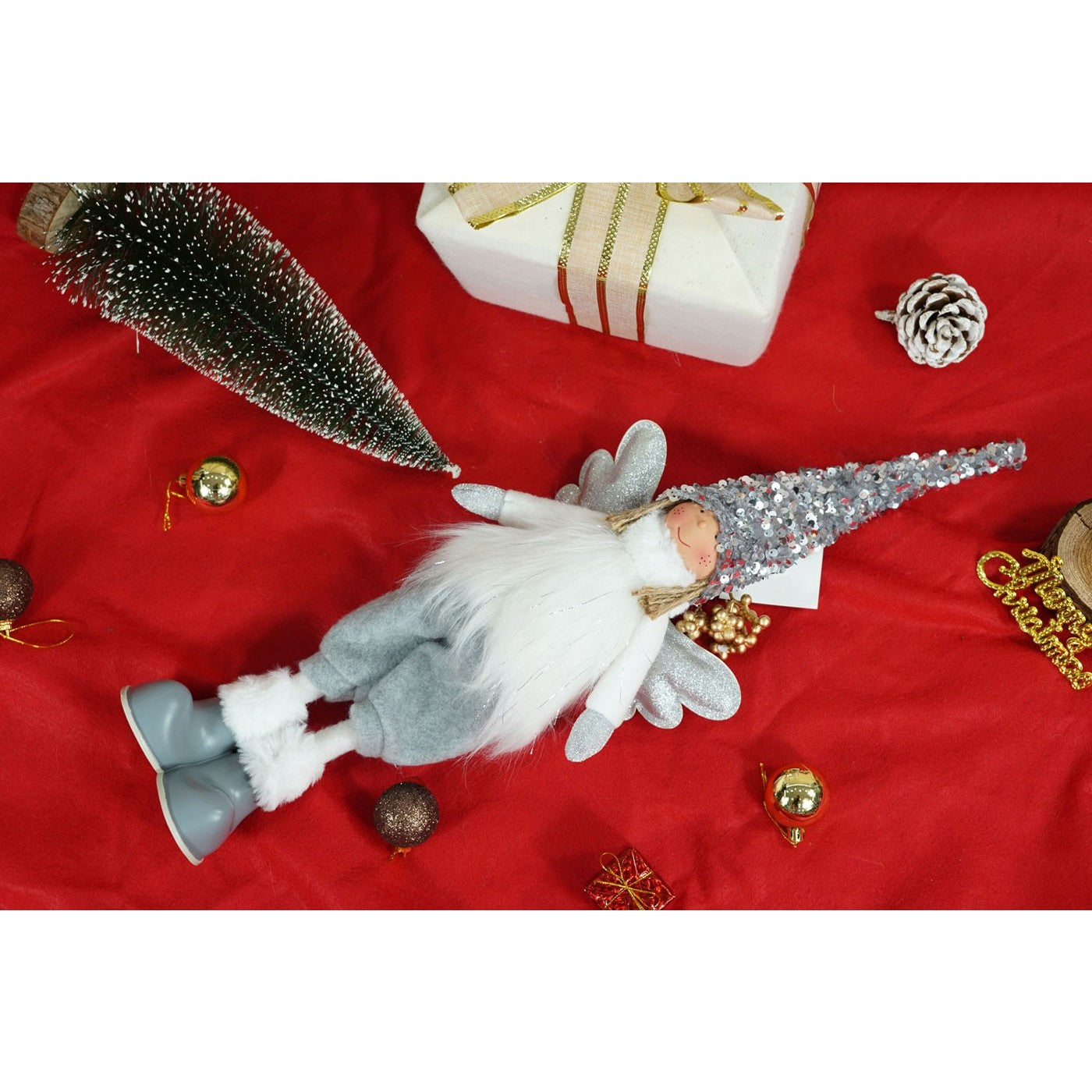 Ornament de Craciun ingeras model 2, alb/gri, textil, 53 cm