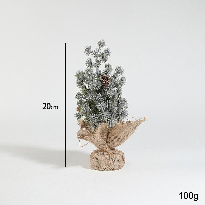 Decoratiune Craciun pentru Masa, Ornament de Decor Model Brad de Craciun de Dimensiuni Mici cu Fulgi Albi, pentru Birou si Interior, din Plastic Calitativ 20 cm, Verde Alb