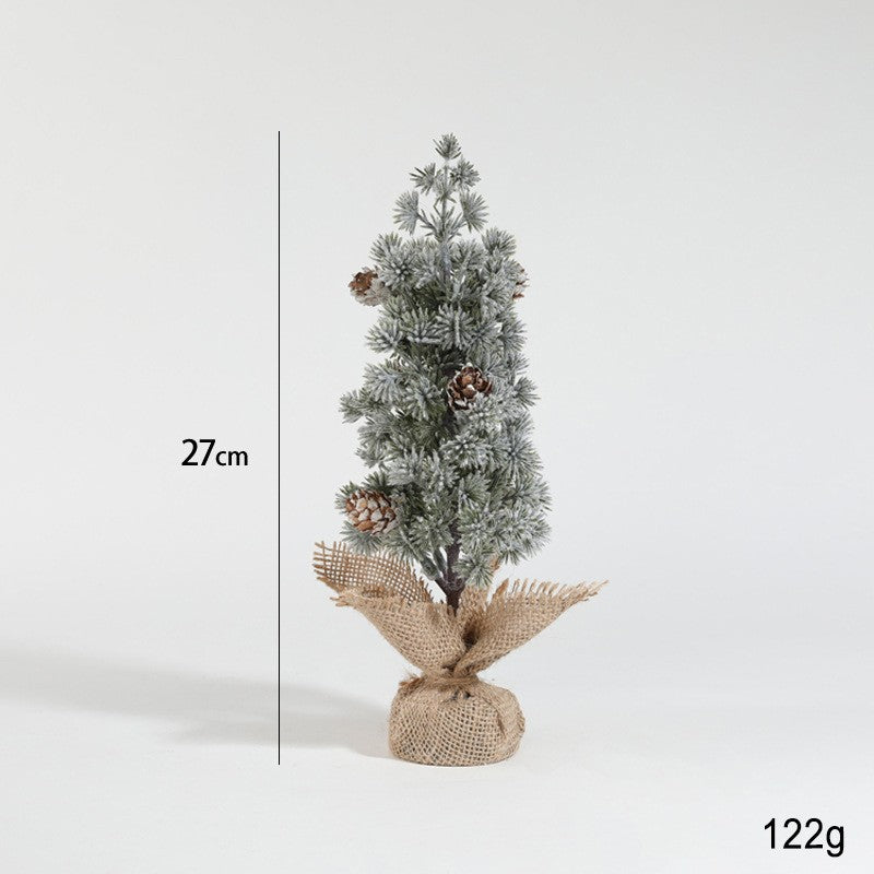 Decoratiune Craciun pentru Masa, Ornament de Decor Model Brad de Craciun de Dimensiuni Mici cu Fulgi Albi, pentru Birou si Interior, din Plastic Calitativ 27 cm, Verde Alb