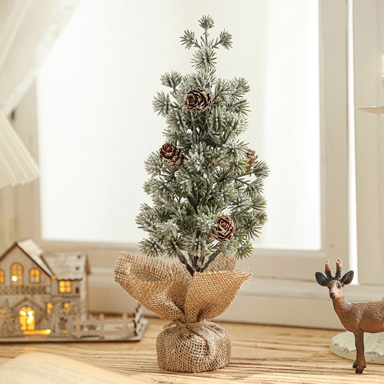 Decoratiune Craciun pentru Masa, Ornament de Decor Model Brad de Craciun de Dimensiuni Mici cu Fulgi Albi, pentru Birou si Interior, din Plastic Calitativ 27 cm, Verde Alb