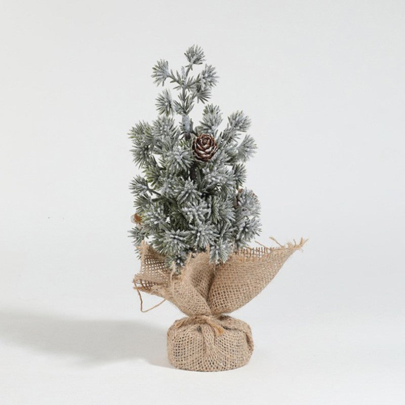 Decoratiune Craciun pentru Masa, Ornament de Decor Model Brad de Craciun de Dimensiuni Mici cu Fulgi Albi, pentru Birou si Interior, din Plastic Calitativ 20 cm, Verde Alb