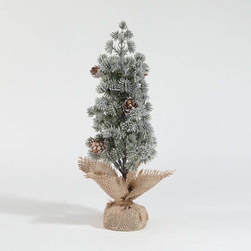 Decoratiune Craciun pentru Masa, Ornament de Decor Model Brad de Craciun de Dimensiuni Mici cu Fulgi Albi, pentru Birou si Interior, din Plastic Calitativ 27 cm, Verde Alb