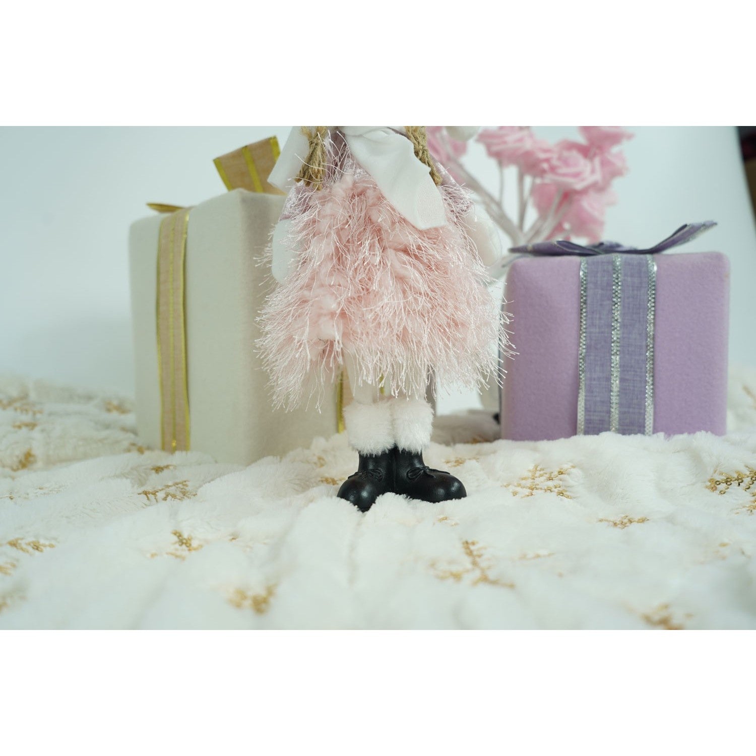 Ornament de Craciun papusa, roz/alb, textil, 44 cm