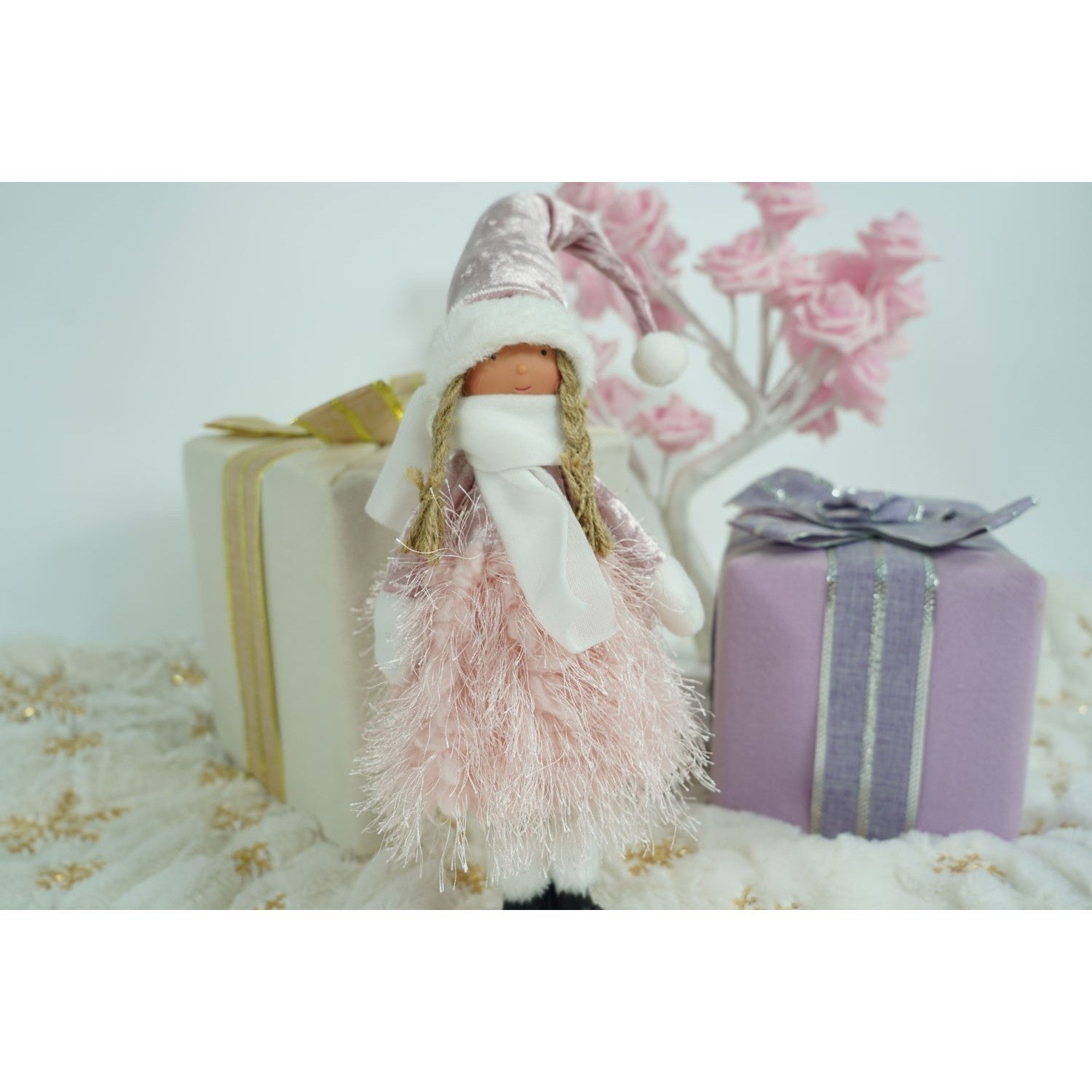 Ornament de Craciun papusa, roz/alb, textil, 44 cm