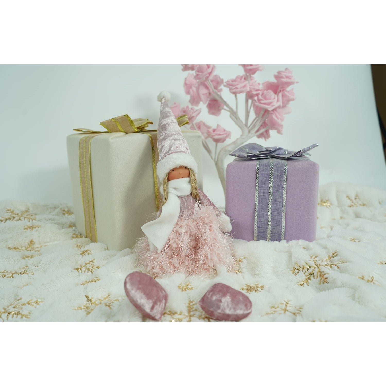 Ornament de Craciun papusa, roz/alb, textil, 50 cm