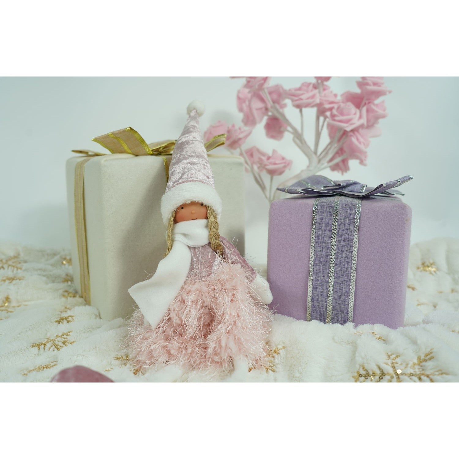 Ornament de Craciun papusa, roz/alb, textil, 50 cm