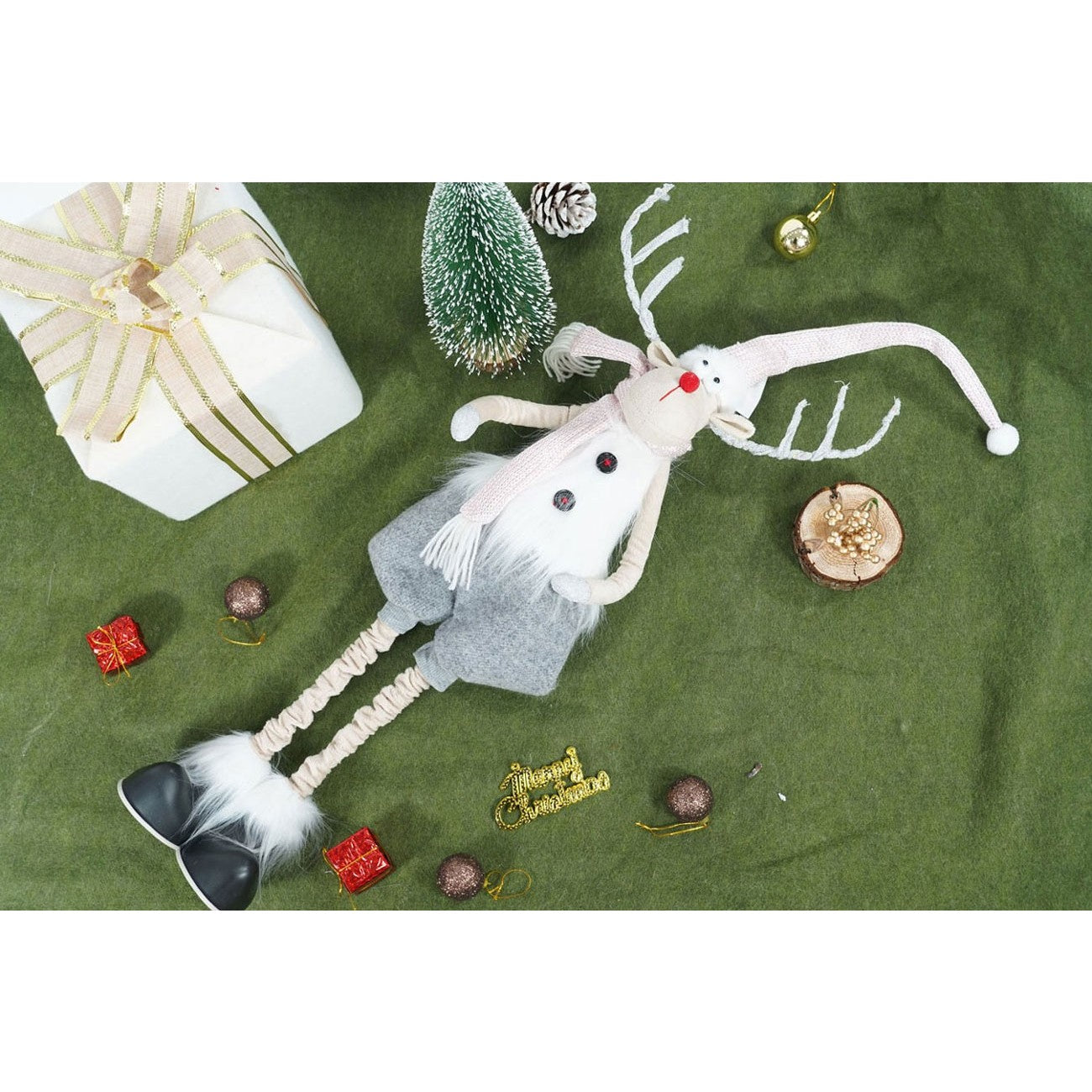 Ornament de Craciun ren cu picioare telescopice, gri/alb, textil, 100 cm