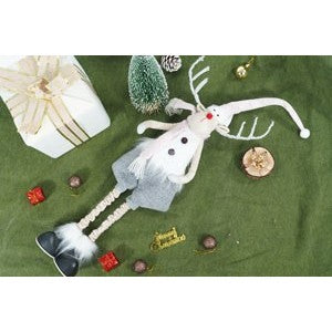 Ornament de Craciun ren cu picioare telescopice, gri/alb, textil, 100 cm