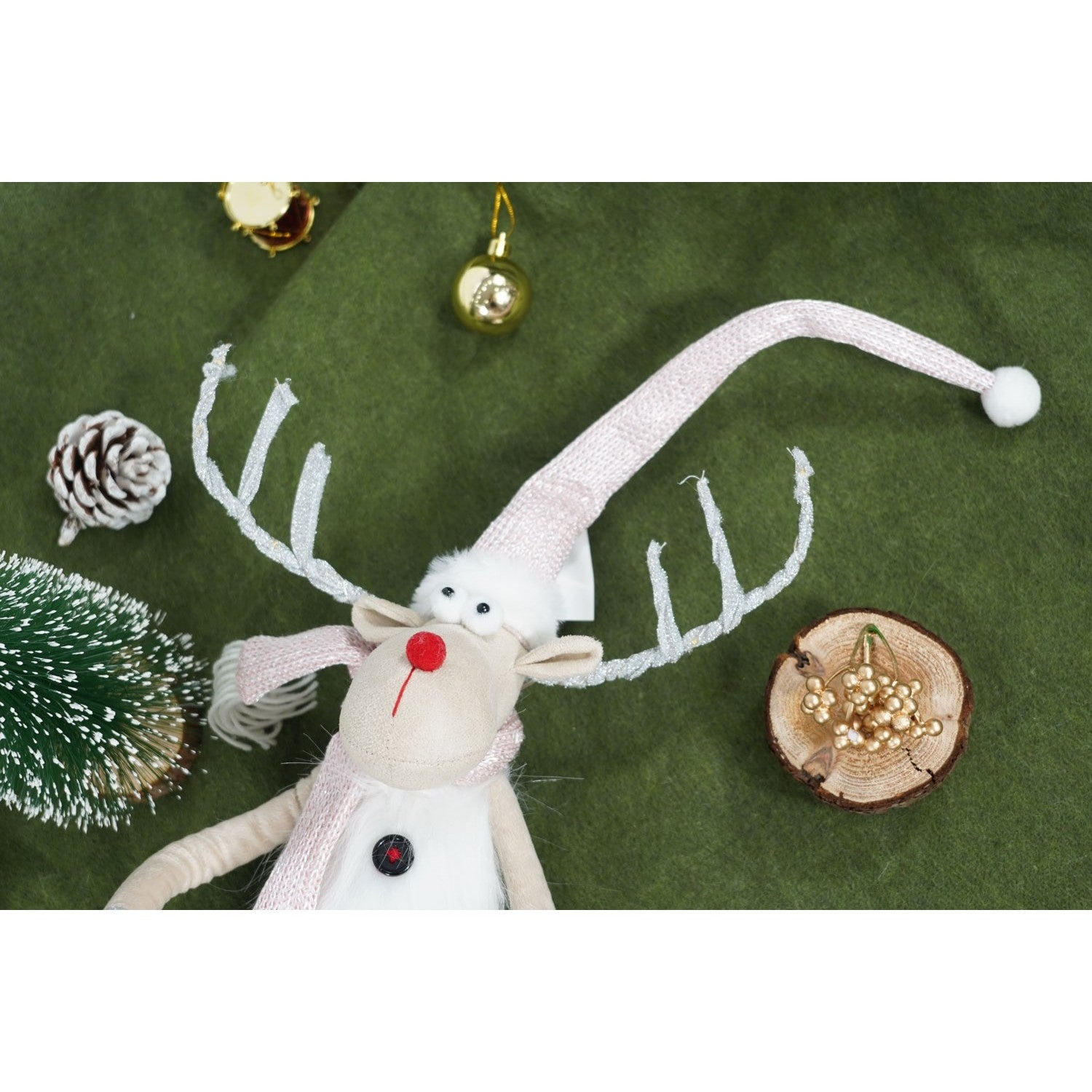 Ornament de Craciun ren cu picioare telescopice, gri/alb, textil, 100 cm