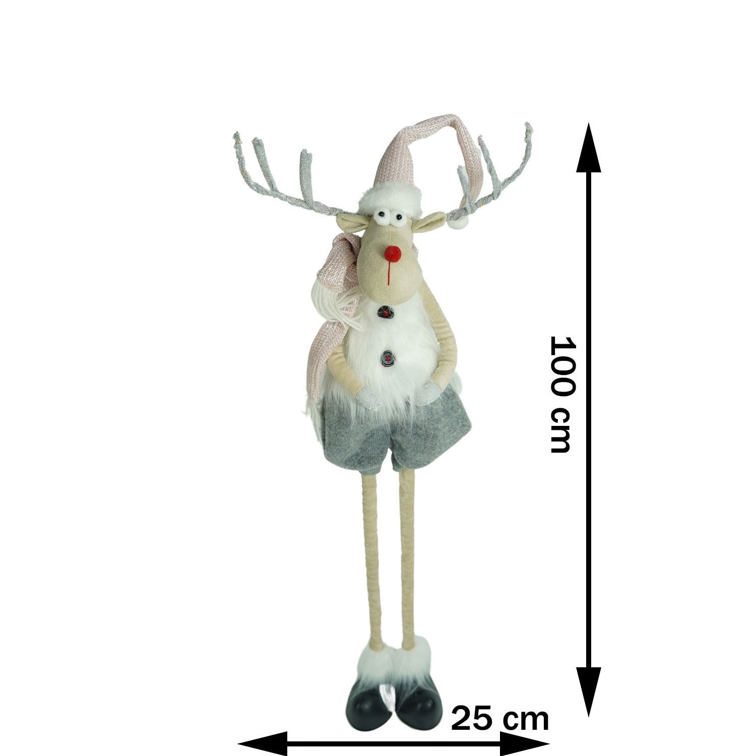 Ornament de Craciun ren cu picioare telescopice, gri/alb, textil, 100 cm