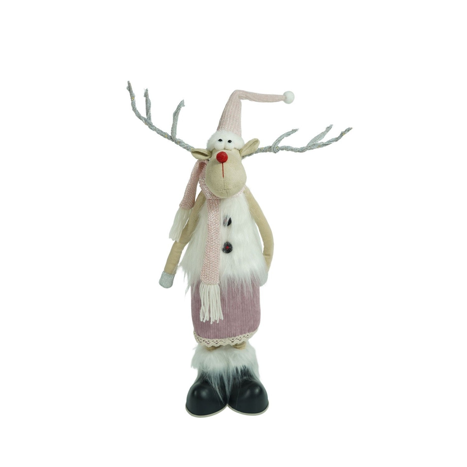 Ornament de Craciun ren cu picioare telescopice, roz/alb, textil, 72 cm